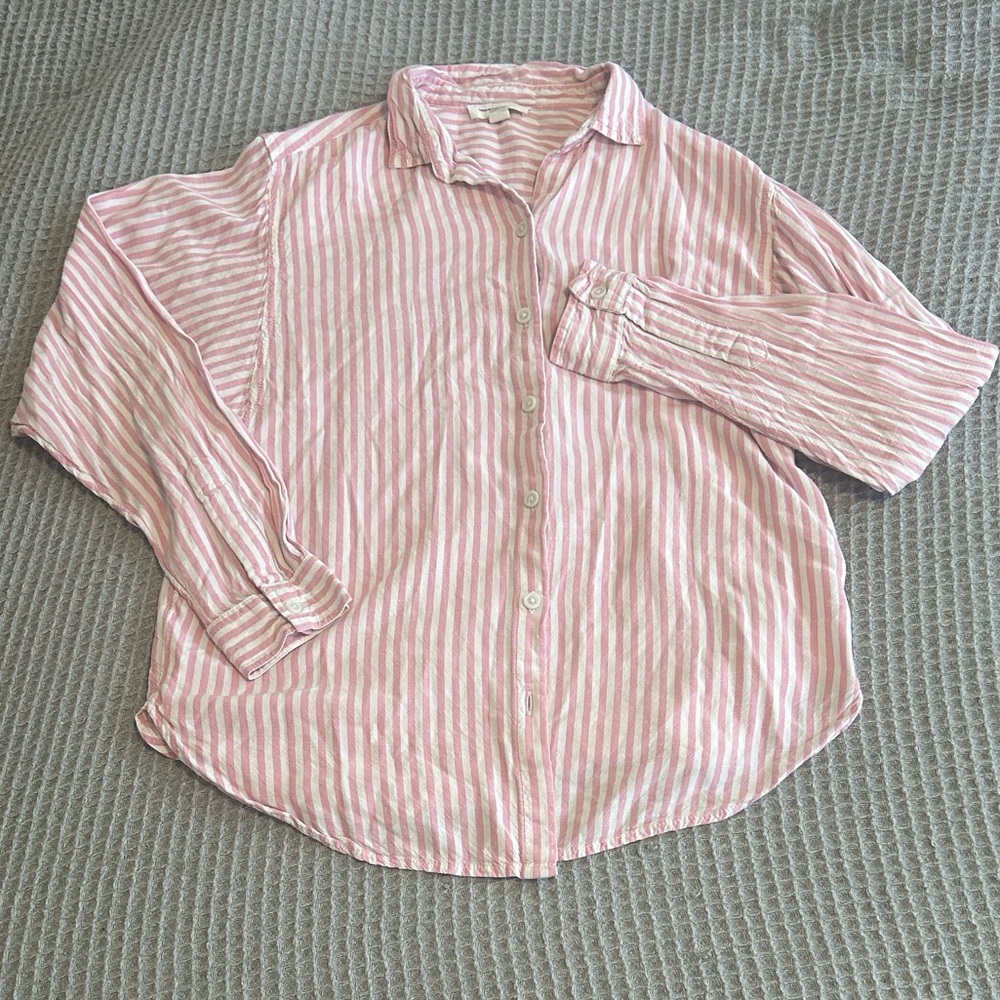 beachlunchlounge Pink and White Striped Button Down Shirt